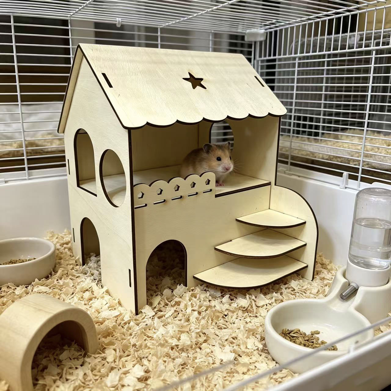 Insect Hotel Wood - บ้านไม้สองชั้นสำหรับหนูแฮมสเตอร์พร้อมบันได แพลตฟอร์มที่หลบซ่อนสำหรับหนูแฮมสเตอร์สีทอง ของตกแต่งภายในกรงของเล่นแบบพิเศษ