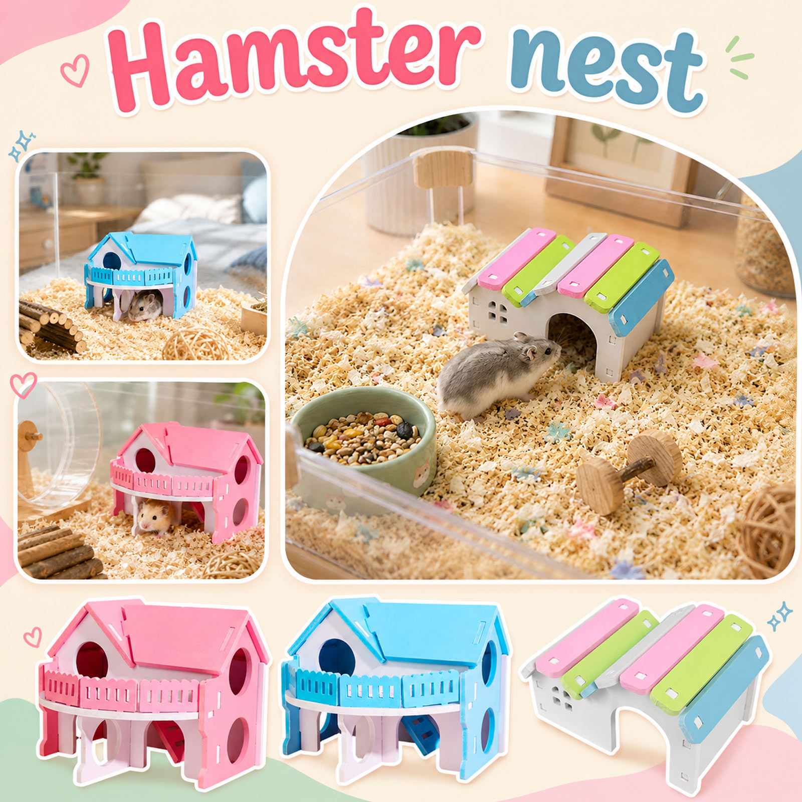Insect Hotel Wood - บ้านสัตว์เลี้ยงน่ารัก บ้านแฮมสเตอร์ไม้ รั้วสำหรับสัตว์เลี้ยงขนาดเล็ก วิลล่าสำหรับนอนและเล่น วิลล่าสัตว์เลี้ยงหลากสี อุปกรณ์สำหรับสัตว์เลี้ยง